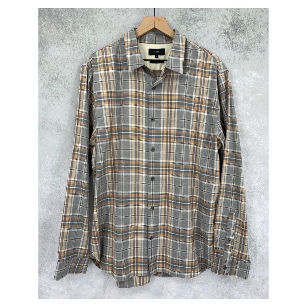 Vince Flannel Shirt Mens XL Grey Tan Plaid Long Sleeve Classic Fit Preppy NWOT
